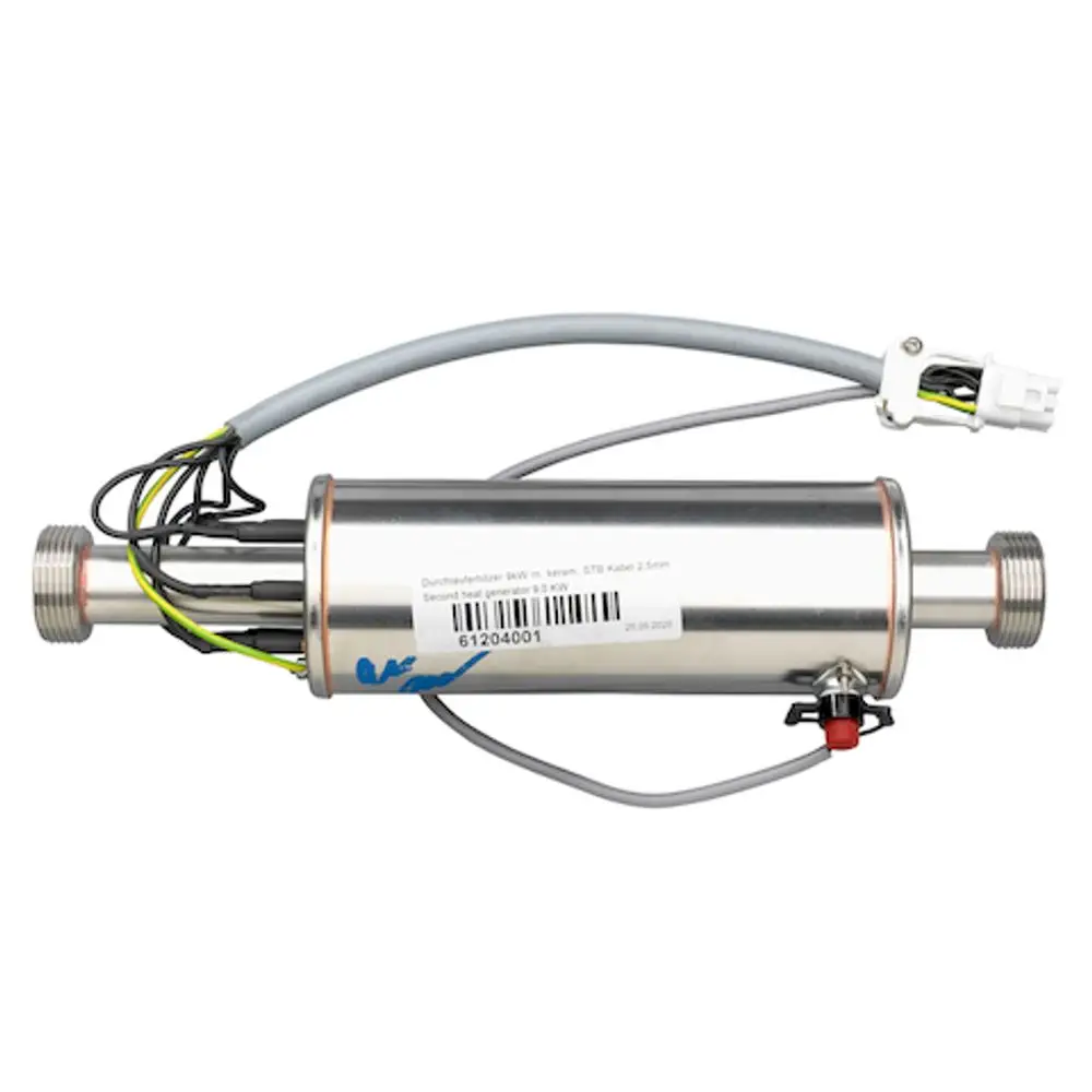Roth Durchlauferhitzer mit Metallgehäuse, mehreren Anschlüssen und Kabeln. Sichtbare Etikettierung mit technischen Informationen und Barcode.